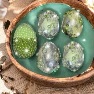 Green Silver Leaf Pearls & Crystal Rhinestone Easter Eggs Set 5, Bling Eggs